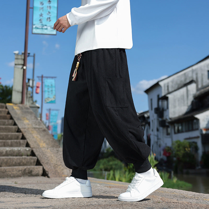Men's Wide-Fit Harem Jogging Pants made of Fine Cord with Decorative Tassel Drawstring Mune Fashion