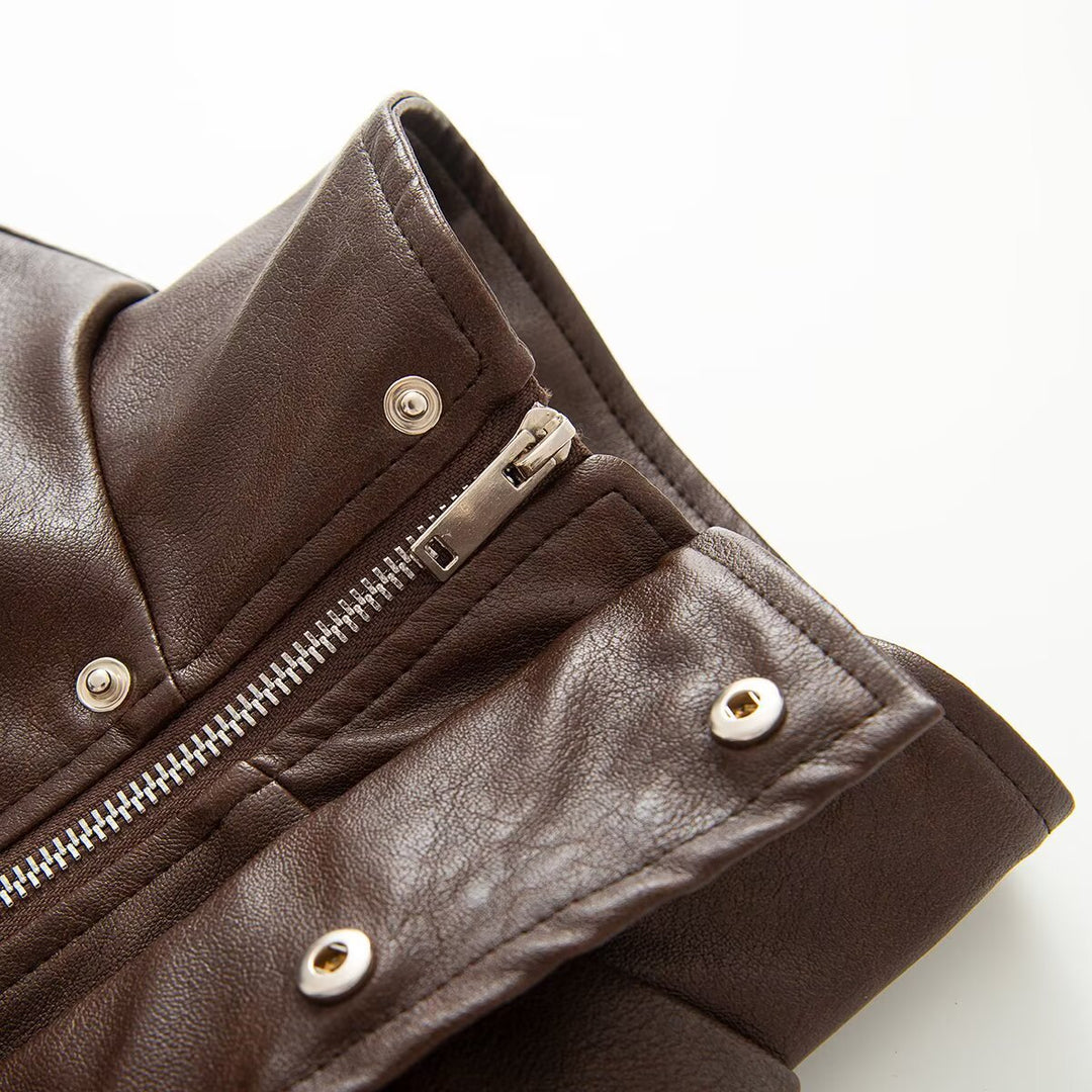 Ladies Cropped Leather-look Jacket with Tailored Corset Division and Standing Collar Mune Fashion