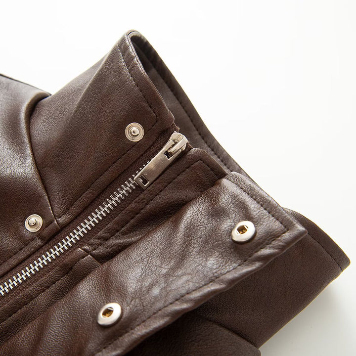 Ladies Cropped Leather-look Jacket with Tailored Corset Division and Standing Collar Mune Fashion
