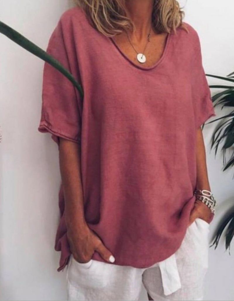 Women's loose linen blend tunic with dropped shoulder and rounded hem Mune Fashion