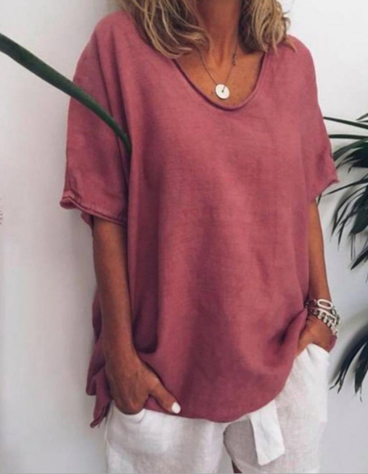 Women's loose linen blend tunic with dropped shoulder and rounded hem Mune Fashion