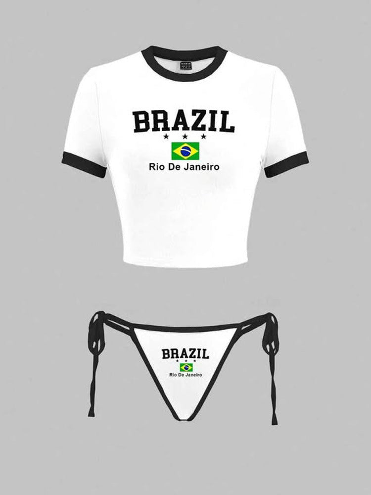 Women's set of cropped belly-free T-shirt and adjustable bikini bottom with Brazil print Mune Fashion