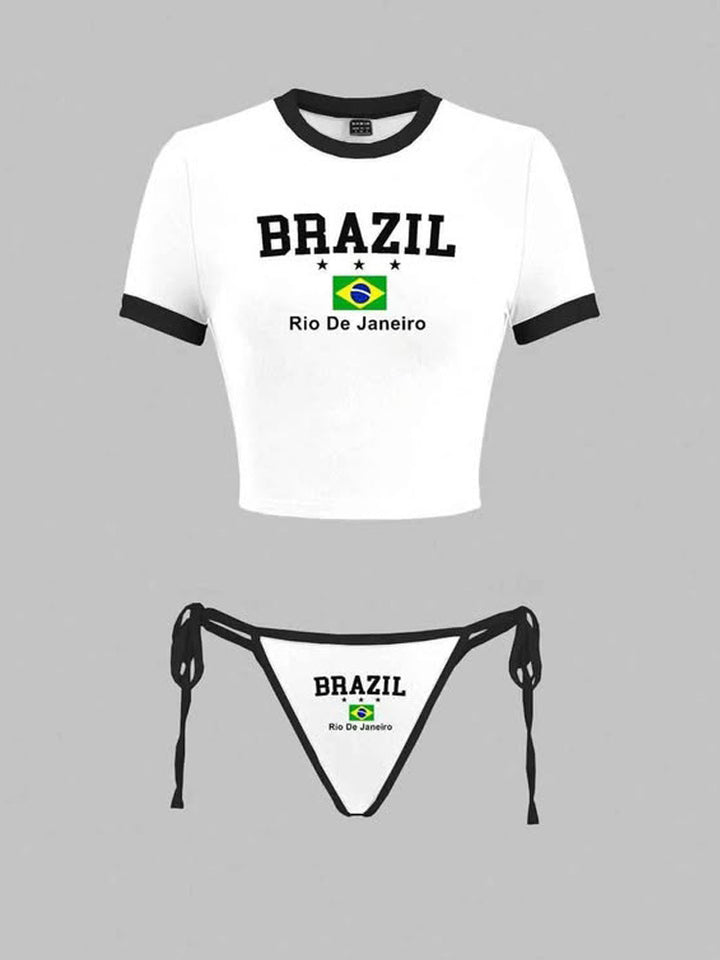 Women's set of cropped belly-free T-shirt and adjustable bikini bottom with Brazil print Mune Fashion