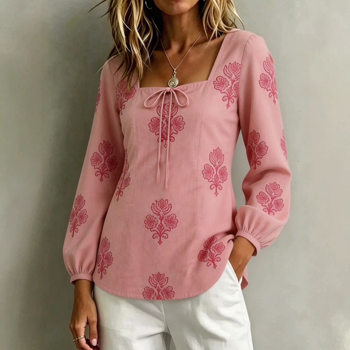 Women's Embroidered Tunic Blouse with Square Neckline and Feminine Balloon Sleeves Mune Fashion