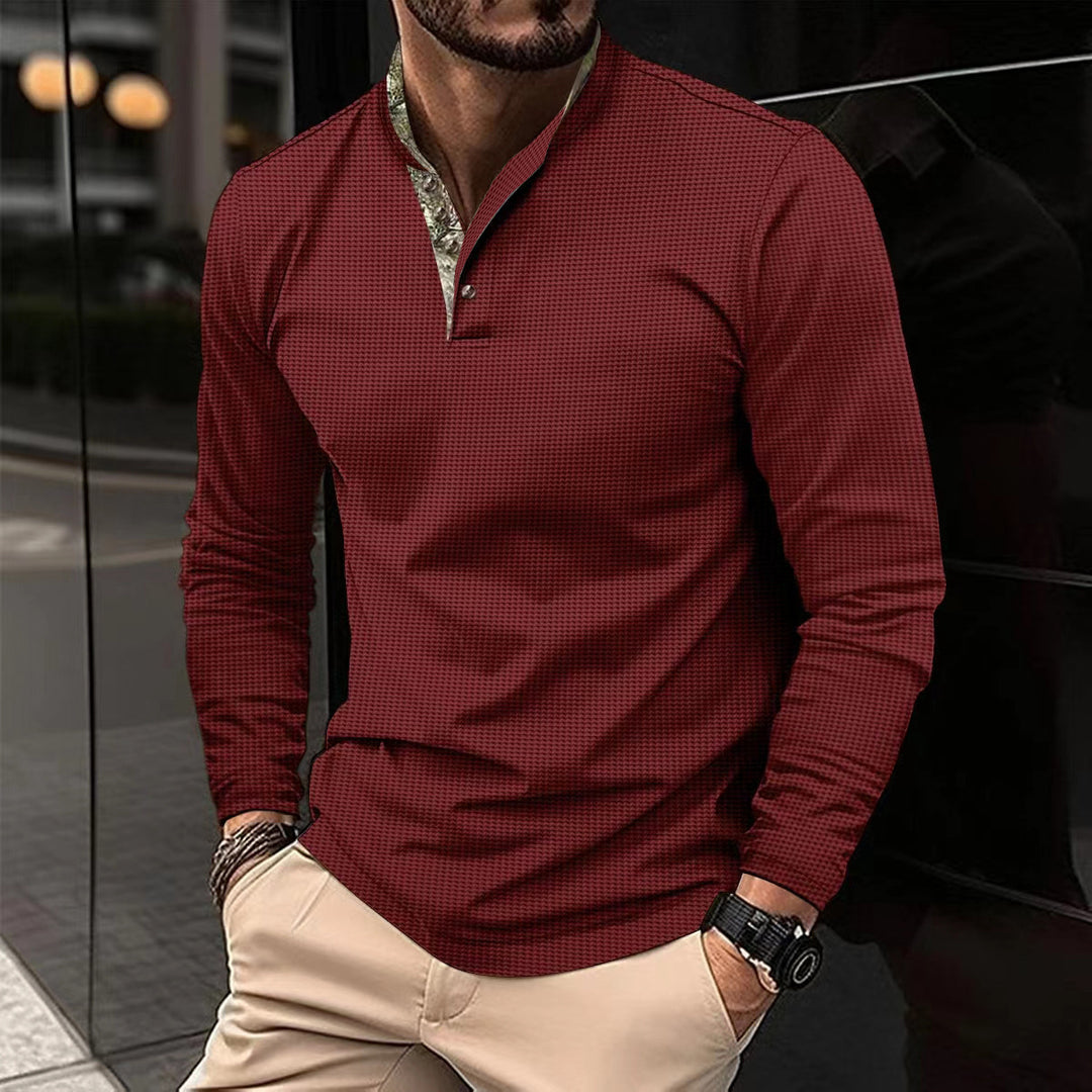 Men's long-sleeved Henley polo shirt with stand-up collar, fine texture, and patterned inner collar Mune Fashion