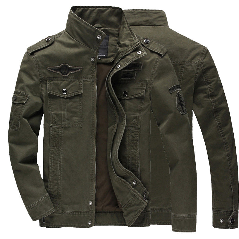 Men's Military Utility Jacket made of canvas with stand-up collar, shoulder epaulets, and multiple pockets Mune Fashion