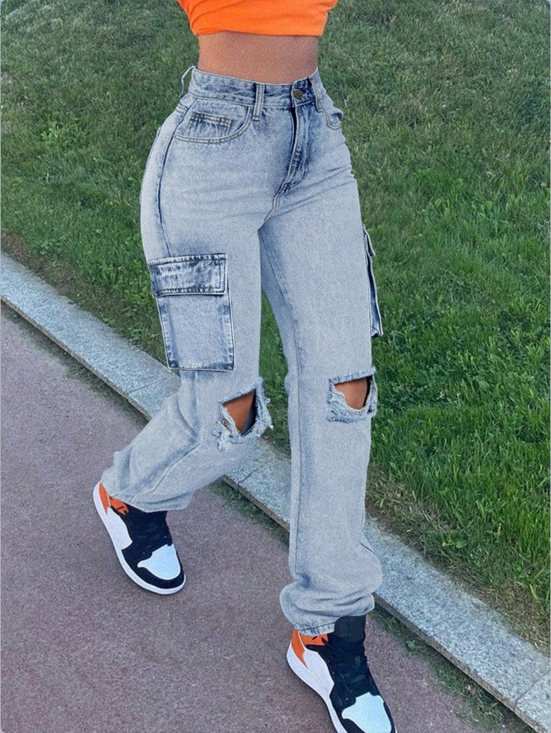 Ladies High-Waist Cargo Jeans with straight leg, knee rips and side flap pocket Mune Fashion