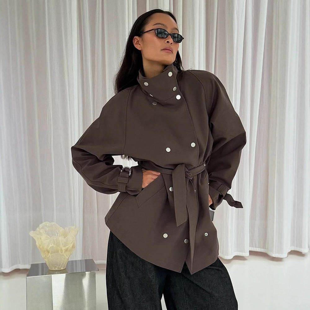 Women's Tailorable Oversized Short Trench Coat with High Stand Collar, Snap Button Front and Belt Mune Fashion