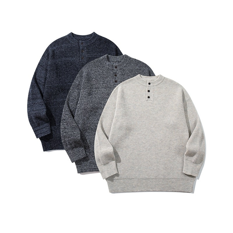 Men's chunky knit henley pullover with half button placket and ribbed cuffs Mune Fashion