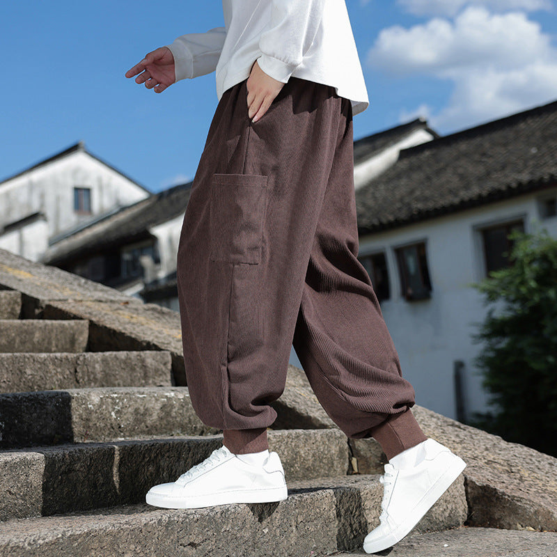 Men's Wide-Fit Harem Jogging Pants made of Fine Cord with Decorative Tassel Drawstring Mune Fashion