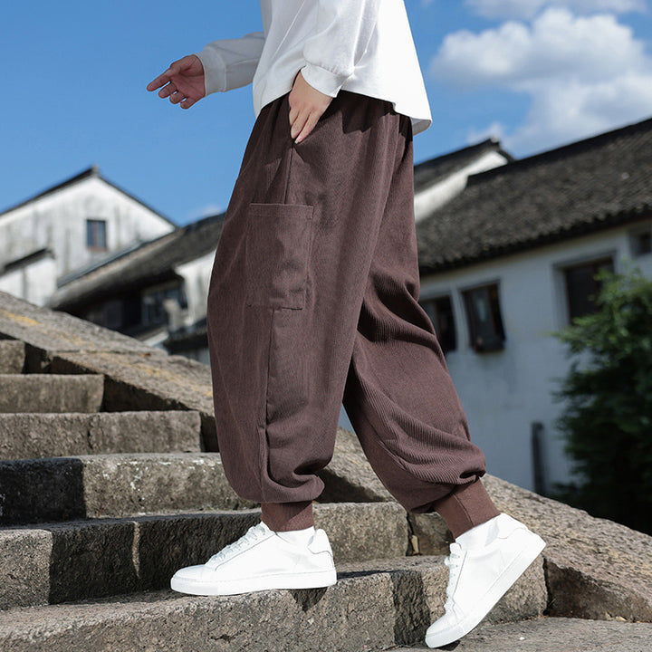 Men's Wide-Fit Harem Jogging Pants made of Fine Cord with Decorative Tassel Drawstring Mune Fashion