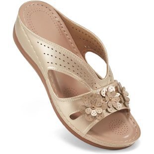 Women's comfortable wedge sandals with floral decorative trim and cushioned footbed Mune Fashion