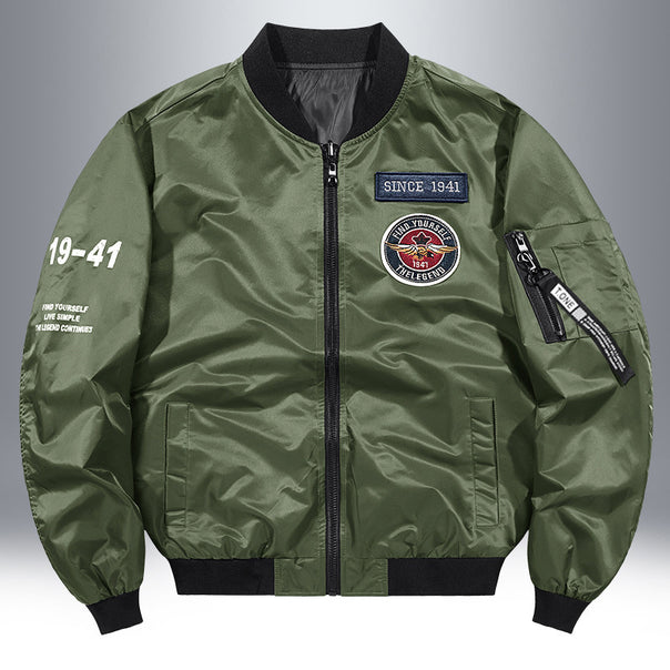 Men's Lightweight Nylon Bomber Jacket in Aviator Style with Patch Details and Arm Pocket Mune Fashion
