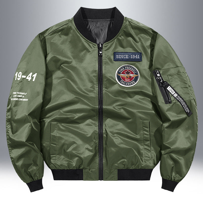 Men's Lightweight Nylon Bomber Jacket in Aviator Style with Patch Details and Arm Pocket Mune Fashion