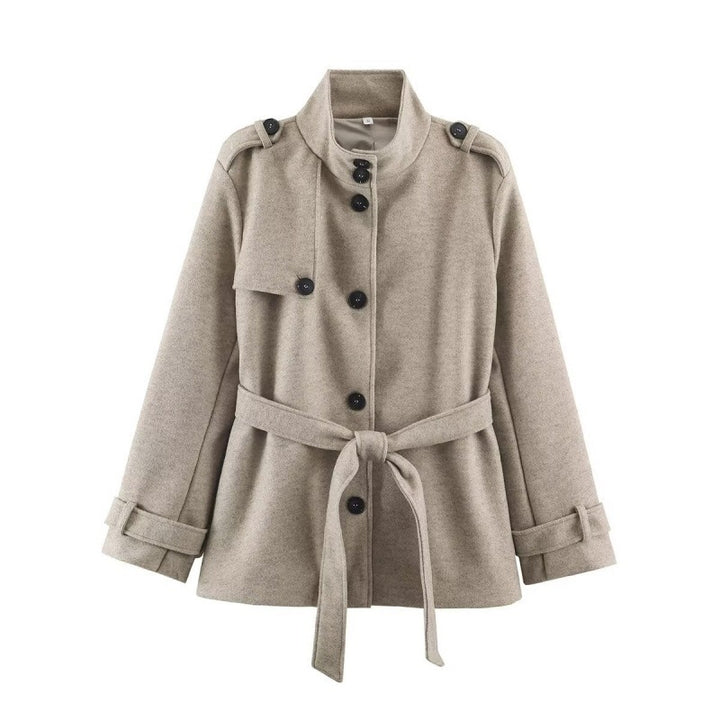 Women's short tailored coat jacket made of wool blend with standing collar, shoulder patches, and tie belt Mune Fashion