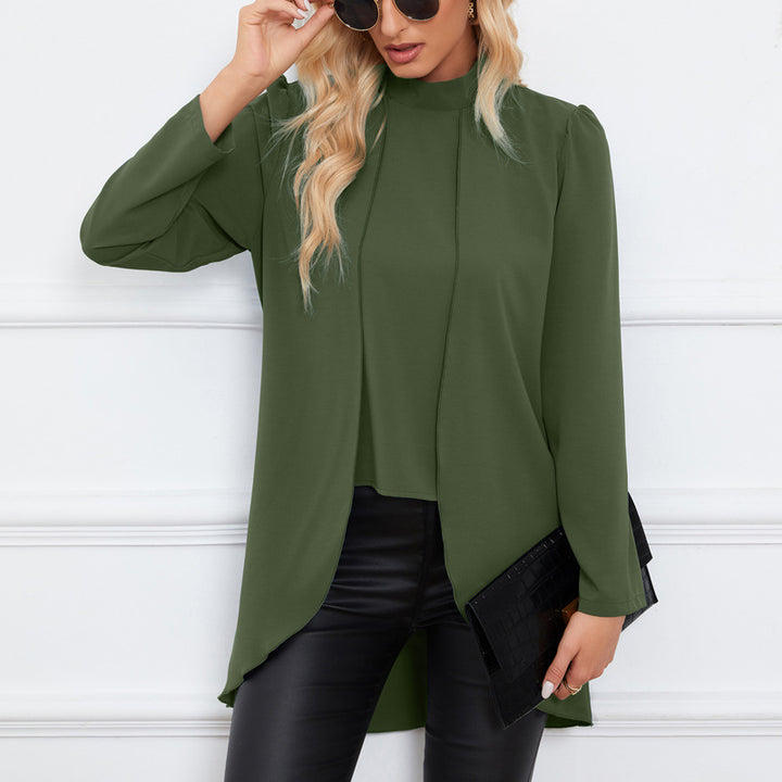 Women Casual Chiffon Blouse with Stand Collar and Extended Peplum Detail Mune Fashion
