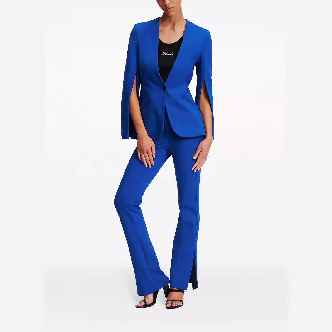 Women Cape Sleeve Tailored Blazer with Fitted Silhouette and Flared Pants with Leg Slit Mune Fashion