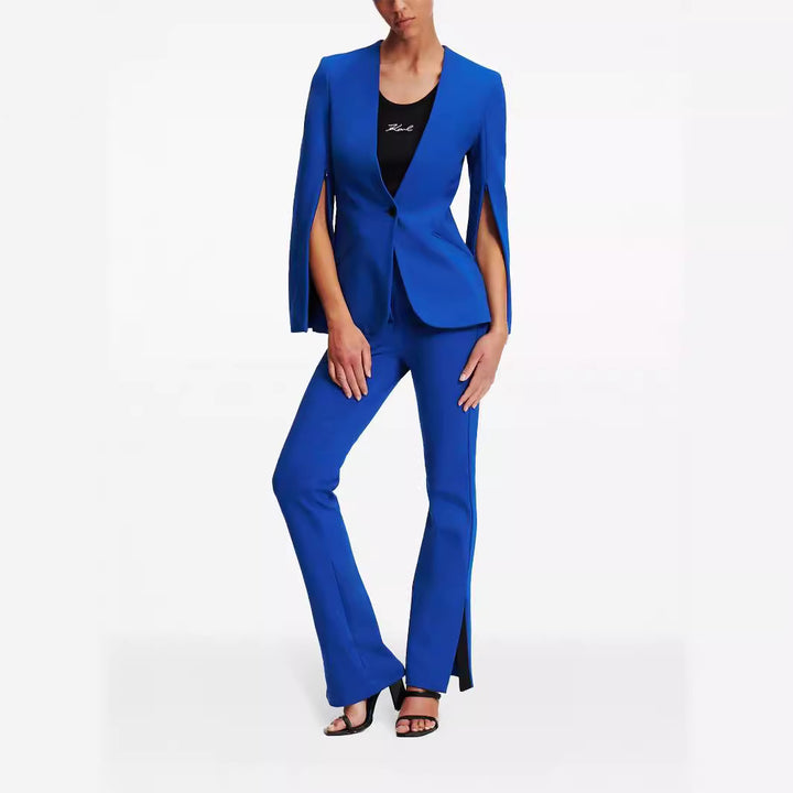 Women Cape Sleeve Tailored Blazer with Fitted Silhouette and Flared Pants with Leg Slit Mune Fashion