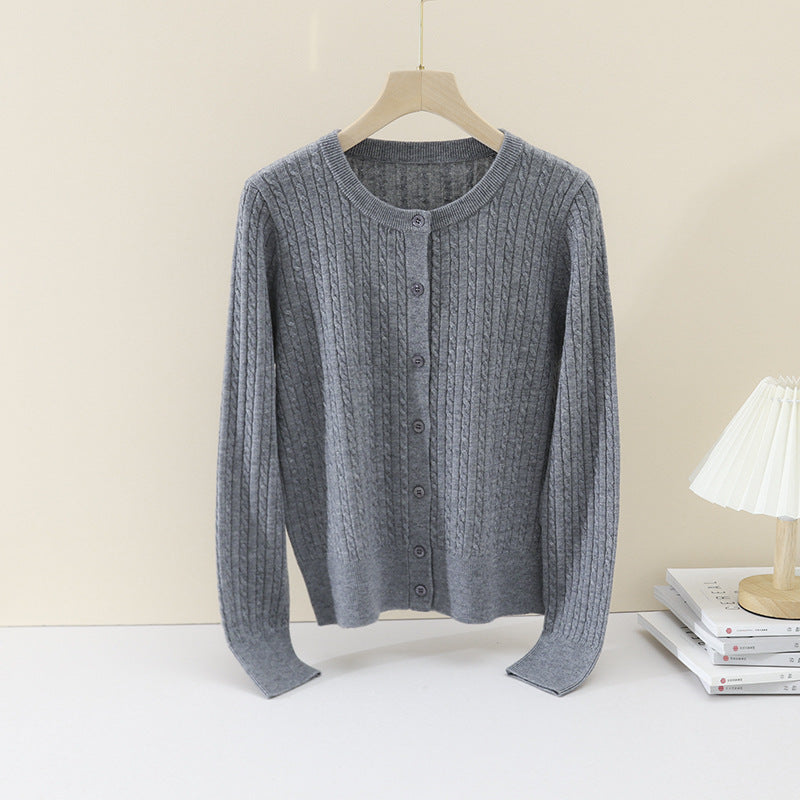 Ladies Fine Cable Knit Cardigan with Round Neck and Continuous Button Placket Mune Fashion