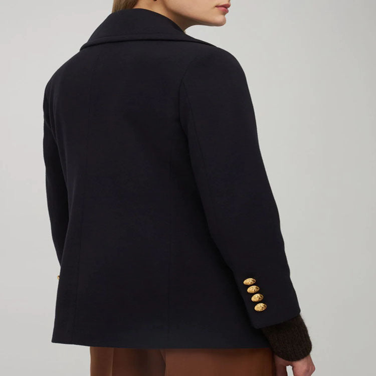 Women's Short Double-Breasted Wool Blend Peacoat with Golden Decorative Round Buttons and Tailored Silhouette Mune Fashion