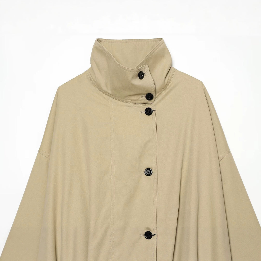 Women Short Cape Jacket with High Funnel Collar, Boxy Silhouette and Dropped Shoulders Mune Fashion