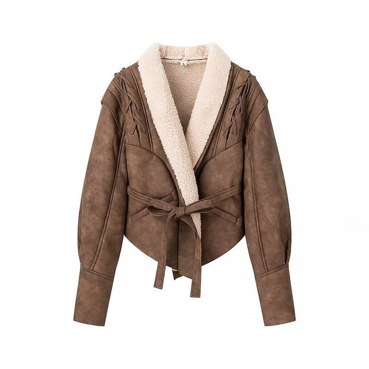 Ladies short jacket in aviator look with sherpa lining, tie belt and shoulder lacing Mune Fashion
