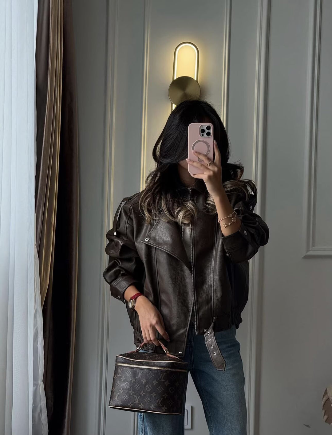 Women's Oversized Leather Jacket with Asymmetrical Zipper and Wide Collar Mune Fashion