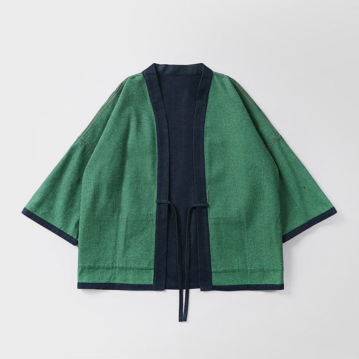 Unisex loose-fitting kimono jacket made of cotton denim with tie and large patch pockets Mune Fashion