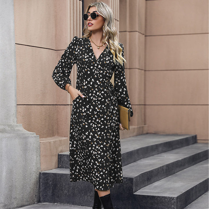 Women Tailored Wrap Midi Dress with V-Neck, Leg Slit and Volume Sleeves Mune Fashion