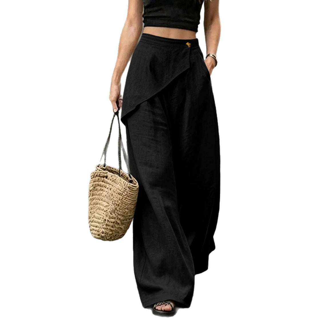 Ladies Light Linen Trousers with Wrap Front and Wide Leg Mune Fashion