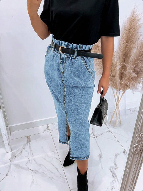 Women's High-Waisted Paperbag Denim Midi Skirt with Front Slit and Tied Belt Mune Fashion