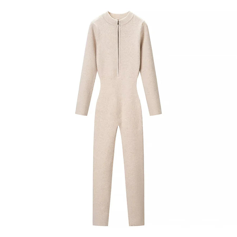 Women’s body-hugging ribbed jumpsuit with high collar and half-concealed zipper Mune Fashion