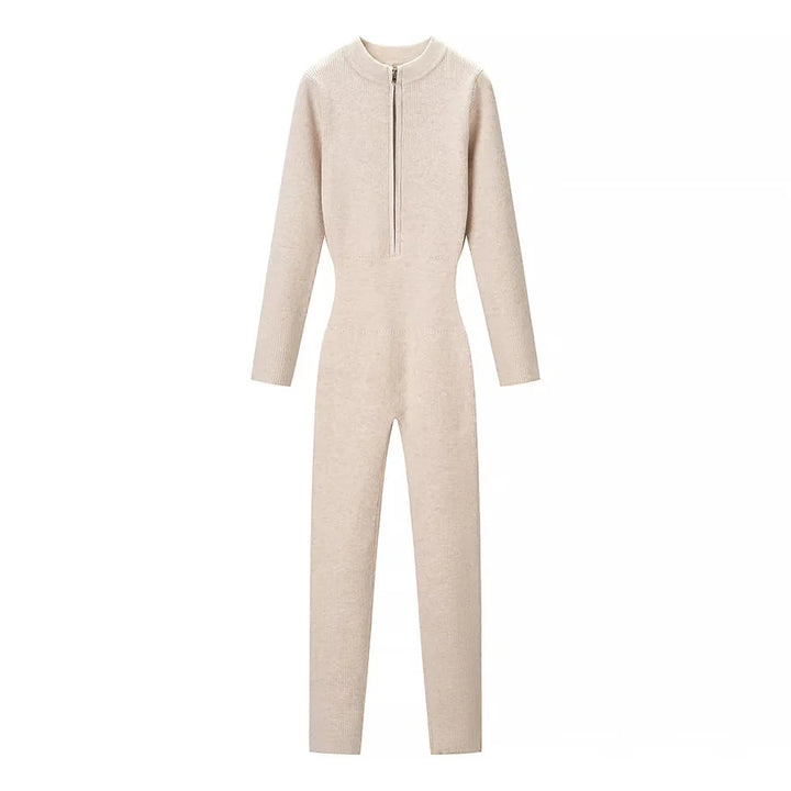 Women’s body-hugging ribbed jumpsuit with high collar and half-concealed zipper Mune Fashion