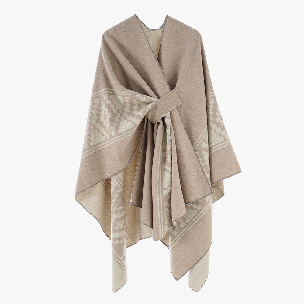 Women's Jacquard Ruana with TIE BELT and geometric pattern Mune Fashion