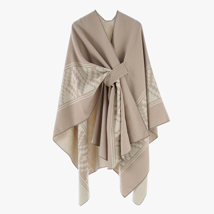 Women's Jacquard Ruana with TIE BELT and geometric pattern Mune Fashion