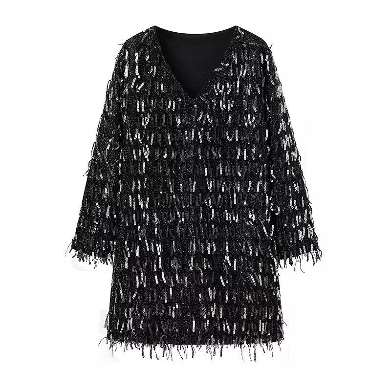 Women's shimmering sequin fringe dress with V-neck, loose boxy cut, and padded lining Mune Fashion