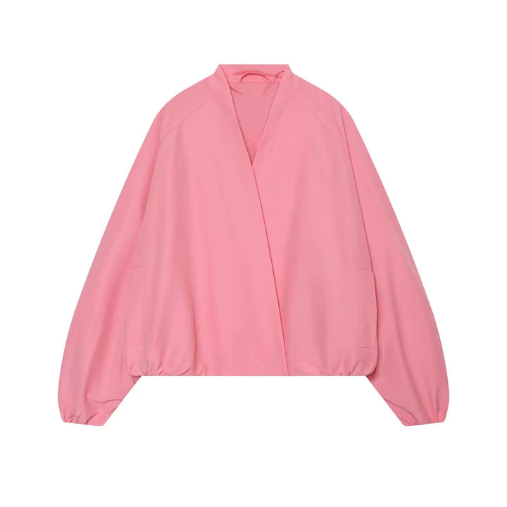Women's bomber-style short jacket with kimono collar, balloon sleeves, and elastic hem Mune Fashion