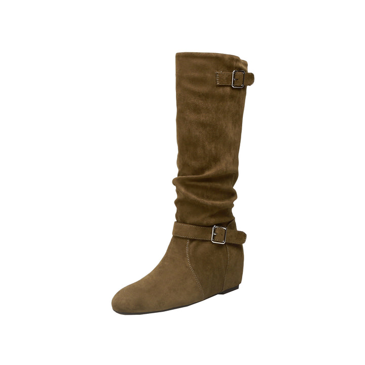 Women's Knee-High Suede Slouch Boots with Adjustable Decorative Straps and Flat Wedge Sole Mune Fashion