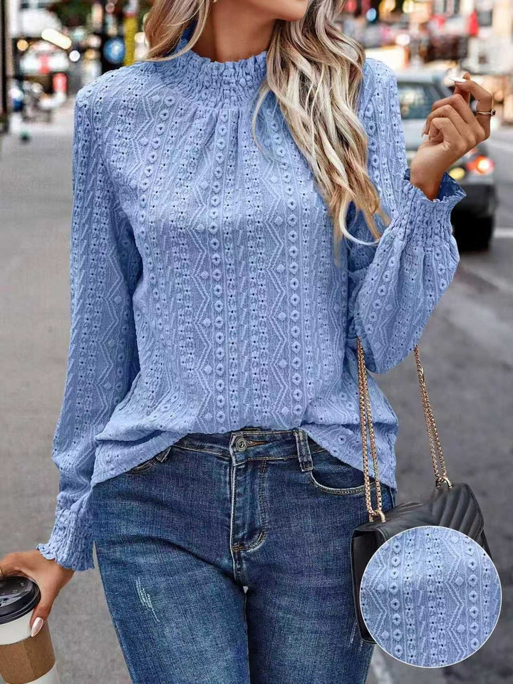 Women’s lace blouse with gathered stand-up collar and smocked sleeves Drune