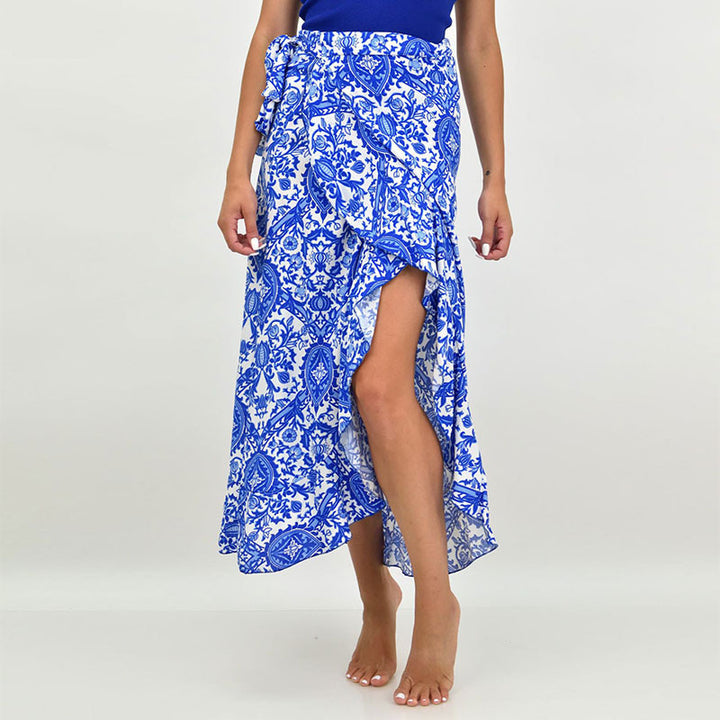 Women's wrap midi skirt with ornamental print, tie belt & ruffled hem Mune Fashion