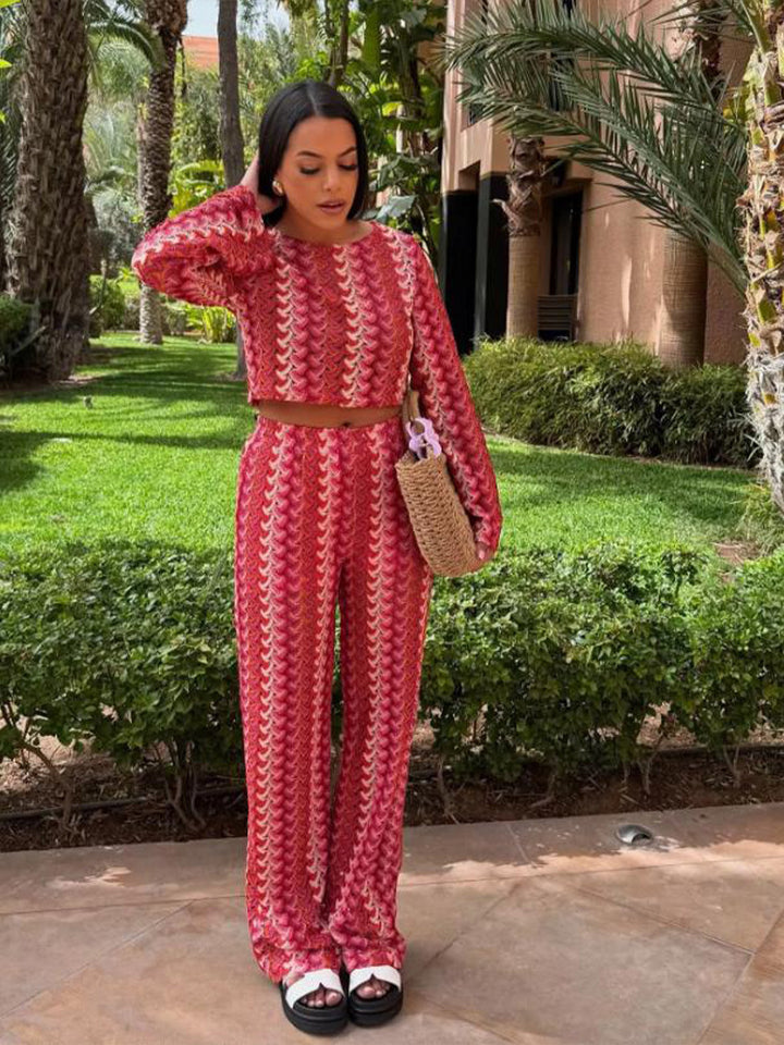 Women's Crocheted Two-Piece Lounge Set with Short Sweater and High-Waisted Palazzo Pants Mune Fashion