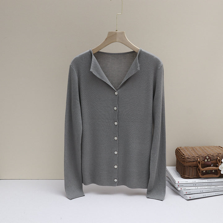 Women's light fine knit cardigan with open shirt collar and shimmering button placket Mune Fashion