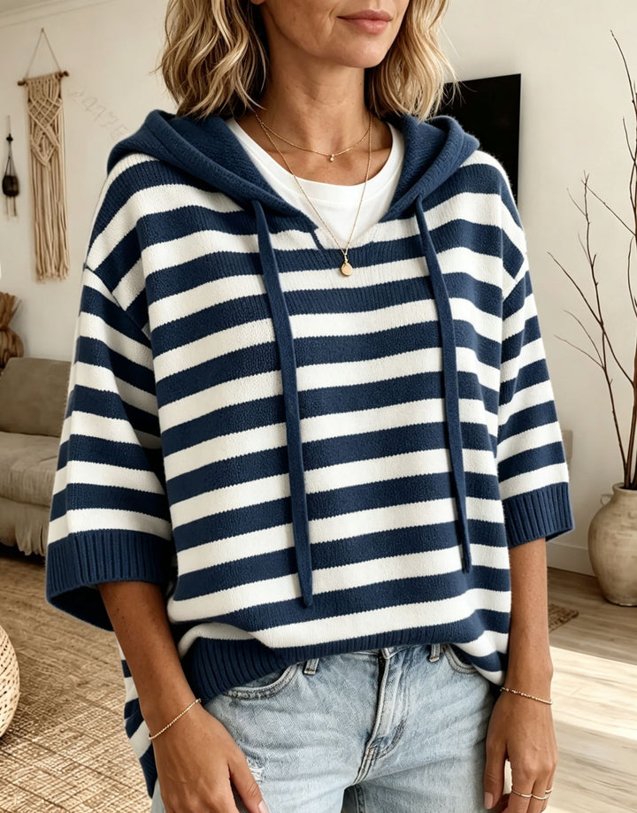 Women Casual Striped Hooded Poncho made of Soft Fine Knit with Half-Length Sleeves Mune Fashion
