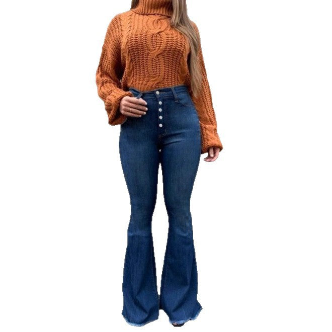 Ladies high-waisted retro flared jeans with visible button placket and flared leg Mune Fashion