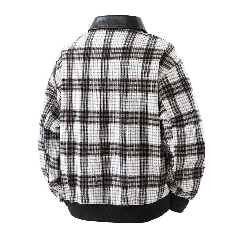 Men's checked overshirt jacket with faux leather collar, lined interior and elastic cuffs Mune Fashion