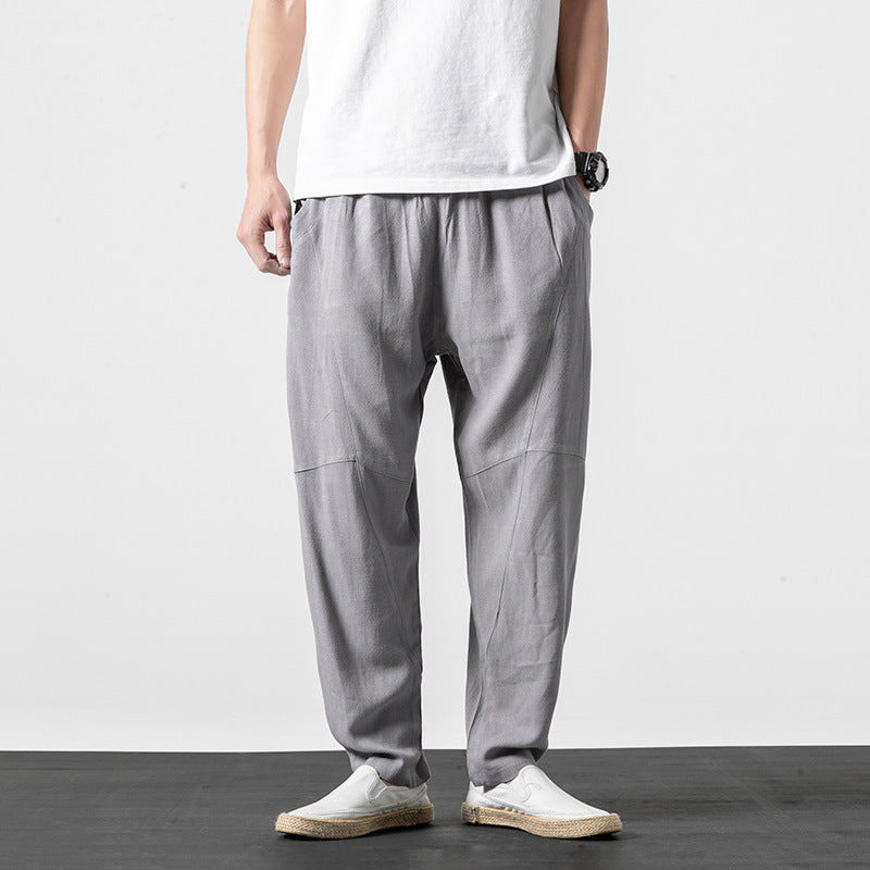 Men's Soft Linen Blend Lounge Pants with Dropped Crotch, Elastic Waistband, and Tapered Leg Mune Fashion