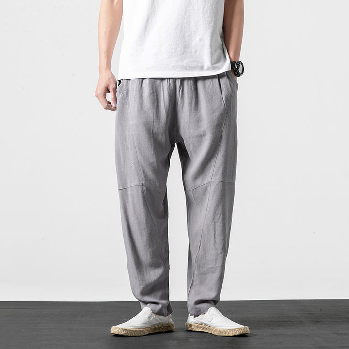 Men's Soft Linen Blend Lounge Pants with Dropped Crotch, Elastic Waistband, and Tapered Leg Mune Fashion