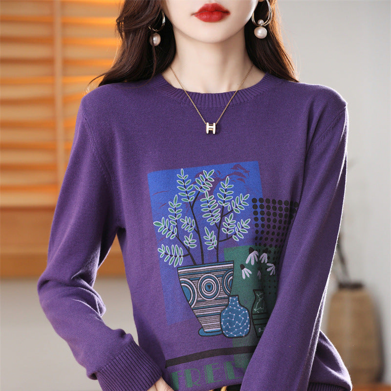 Women’s Lightweight Round Neck Sweater with Graphic Plant Print and Fine Knit Mune Fashion