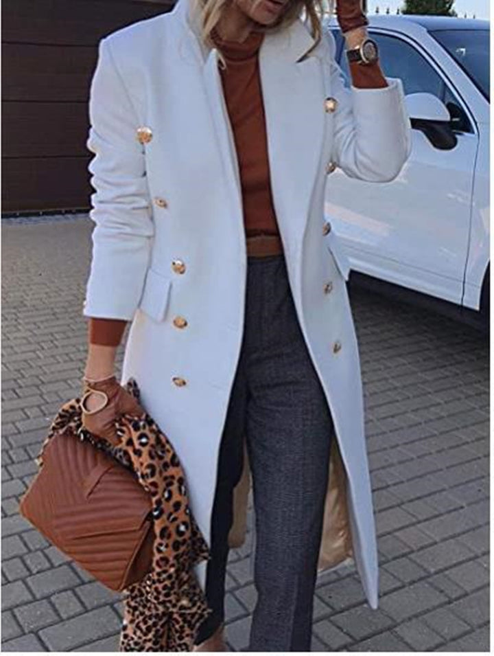 Women tailored double-breasted wool blend coat with gold decorative buttons and knee-length silhouette Mune Fashion