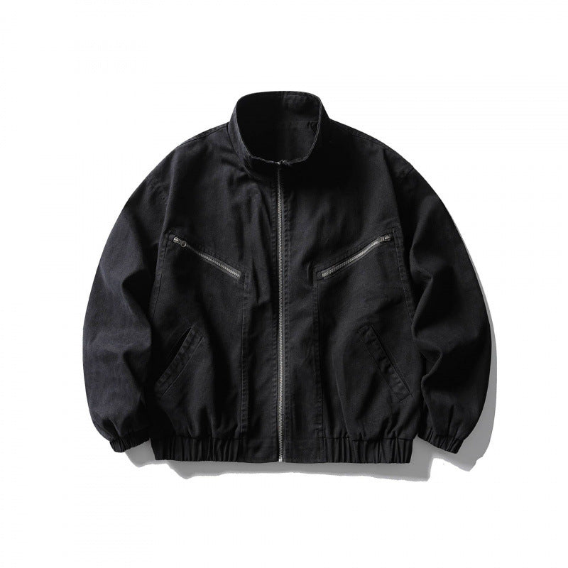 Unisex Boxy Zip Blouson Jacket made of Canvas with Stand-Up Collar, Asymmetrical Zipper Pockets and Elastic Hem Mune Fashion